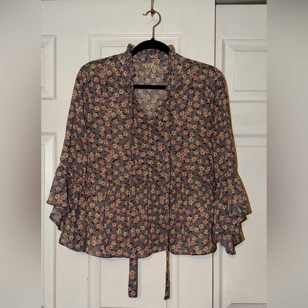Moon Orchid Bell Sleeve, Ruffle Neckline, Floral Blouse